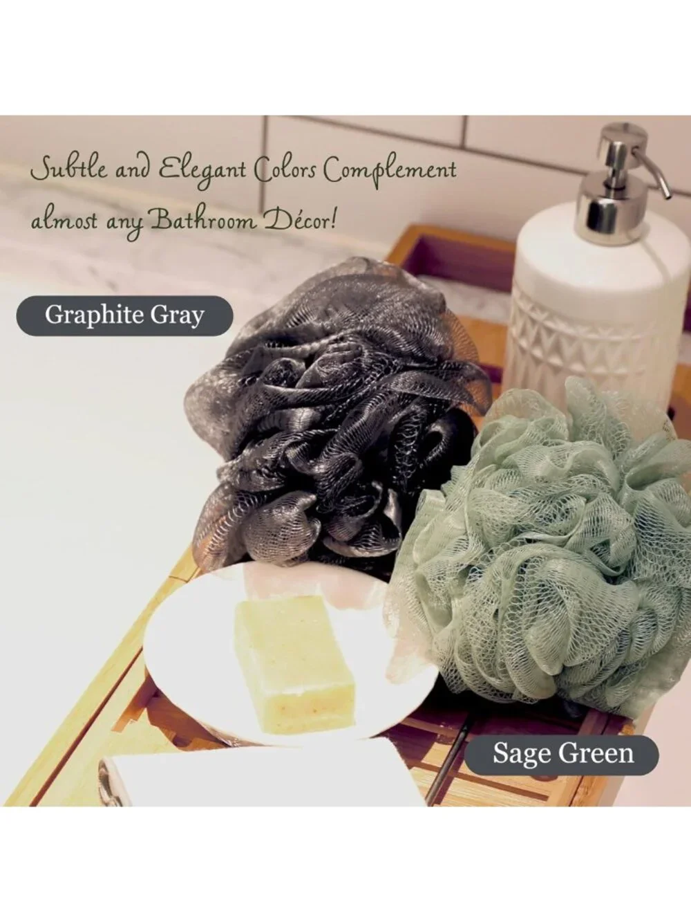 Exfoliating Shower Pouf 3-Pack - Charcoal & Sage Green Loofah Sponge Set for